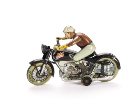 An Arnold US Zone ‘Mac 700’ Tinplate Clockwork Motorcycle, in grey and black with driver in tan and light green, G, possible 