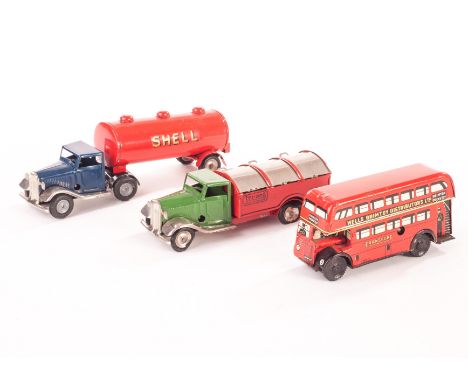 Tri-ang Minic and Wells Brimtoy clockwork Vehicles: unboxed Minic Shell Tanker with blue cab, Dust Cart with green cab and re