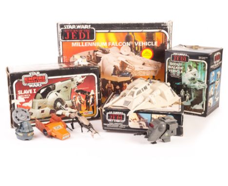 Vintage Star Wars Vehicles, including ESB Slave 1, ROTJ Millennium Falcon, Scout Walker and Snowspeeder, in original boxes, w