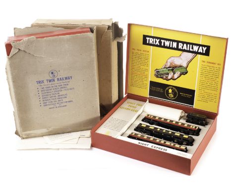 Trix Twin Railway sets: No. 1/373 Night Express, including green BR 4-4-0 Pytchley locomotive and tender, May 1954, with lite