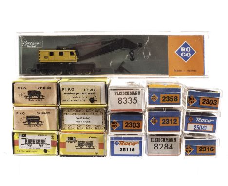 N Gauge Continental freight stock by various makers: twenty-four assorted wagons, including vans, tank wagons, breakdown cran