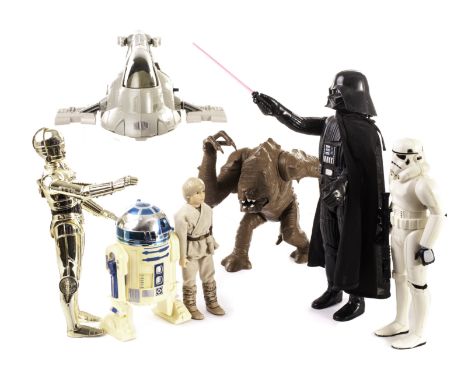 Vintage Star War Toys, including 12” Action Figures Boba Fett, C-3PO, Stormtrooper, R2-D2, Darth Vader, Slave 1, Snowspeeder 