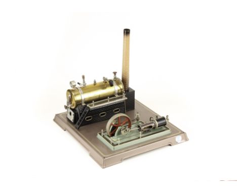 A Fleischmann Live Steam tablet-fired Stationary engine: fine example with boiler approx 2¾” diameter x 8” long, flywheel app