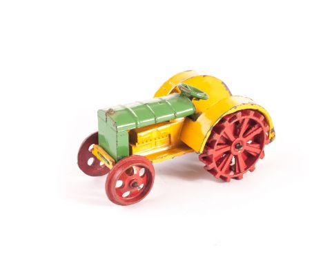 A Pre-War Dinky Toys 22e Farm Tractor, ‘Dinky Toys’ cast-in, with hook, green/yellow body, red wheels, F-G 