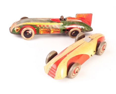Chad Valley and Wells Brimtoy clockwork Tinplate land speed Racing Cars CV 10003 cream and red cars, F, lacks tail fin and dr