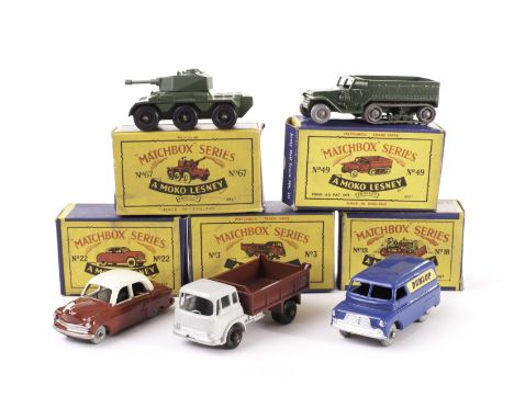 Matchbox Lesney 1-75 Series, 49 Army Half Track, 3 Bedford Tipper, 22 Vauxhall Cresta, 25 Bedford Dunlop Van, 18 Caterpillar 