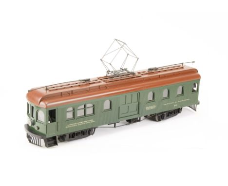 Gauge 1 2-rail American short-line electric passenger/freight car: possibly kitbuilt, a double-truck trolley car finished in 