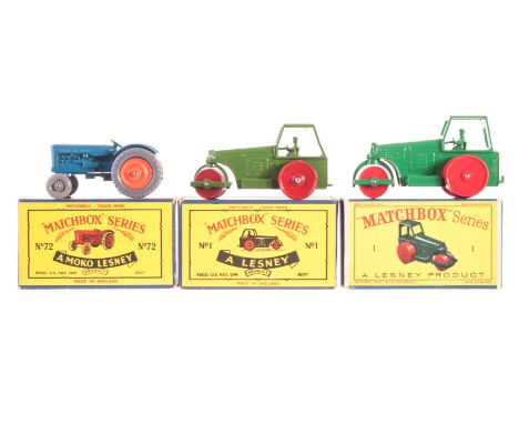 Matchbox 1-75 Series No.1 Diesel Road Roller, two examples, first 67mm, green body, red plastic rollers, second 62mm, dark gr