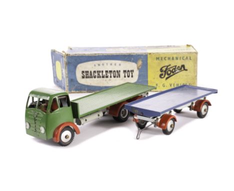 Clockwork Shackleton Foden and Trailer: Flatbed Foden with green Cab and back with red and grey chassis with key and spanner,