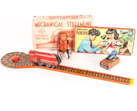 Mettoy Streamline Train and other Tinplate Toys: Train comprising Engine, Track and Automatic Turntables, in original box, VG