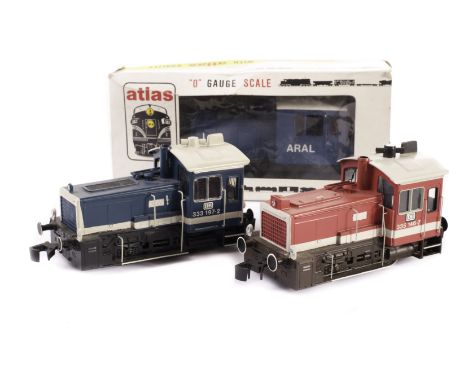 Lima and Atlas 0 Gauge 2-rail 0-4-0 diesel shunting Locomotives: comprising two by Lima, repainted in DB blue (333 197-2) and