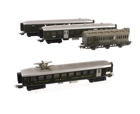 Märklin H0 Gauge vintage tinplate coaching stock: comprising a 2nd class coach, baggage van and restaurant car, all in SBB-CF