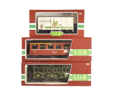 LGB Gauge 1 powered pump trolley and assorted rolling stock: including bogie coaches 3060 and 3063, bierwagen 40260 and hoppe