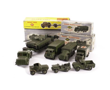 Dinky Toys 660 Tank Transporter, 622 10-Ton Army Truck, 697 25-Pounder Field Gun Set, 661 Recovery Tractor, in original boxes