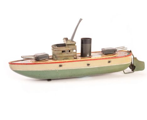 A Kellermann clockwork tinplate Gun Boat, with green and light green painted hull, cream red and blue litho deck, twin guns a