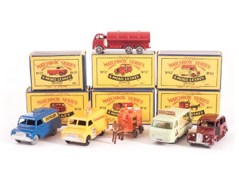 Matchbox 1-75 Series Commercials, 42 Evening News Van, BPW, 21 Commer Bottle Float, bottle on door, SPW, 7 Milk Float, GPW, 1