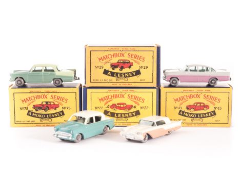 Matchbox 1-75 Series Two-Tone Cars, 29 Austin Cambridge, SPW, 75 Thunderbird, SPW, 43 Hillman Minx, turquoise/cream body, GPW