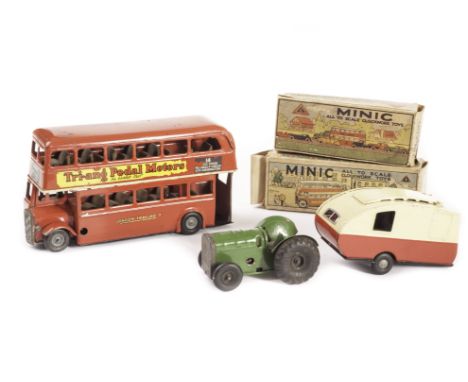 Tri-ang Minic clockwork Tinplate Bus Taxi and other Vehicles: unboxed red Double Deck Bus, green tractor and red and cream Ca