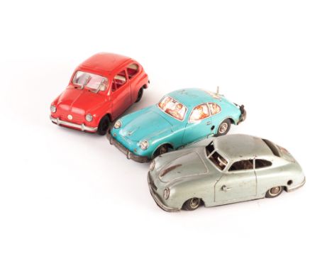 Large scale Tinplate Porsche and Fiat Cars by Various Makers: Tomiyama Fiat 500 in red with friction drive also operating the