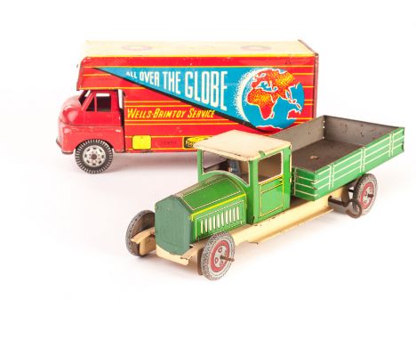 Brimtoy and Wells Brimtoy clockwork tinplate Lorries: Wells Tipper Truck in green and cream and Wells Brimtoy ‘All Over the W