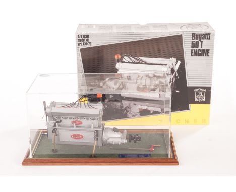 A kit-built Pocher 1/8 scale Bugatti 50T 8 cyl Engine, 4972cc 200hp, presented in a Perspex display case with wooden base, bu