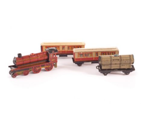 Kellermann Penny Toys Trains: 4-6-0 Locomotive (no tender) and two long 4-wheel cream and red coaches and light grey Oil Tank