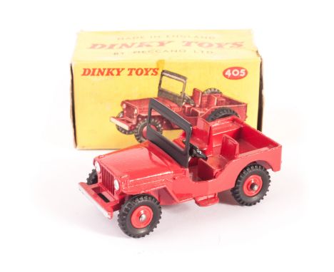 A Dinky Toys 405 Universal Jeep, red body and plastic hubs, ribbed tyres, in original light yellow box, E, box F-G 