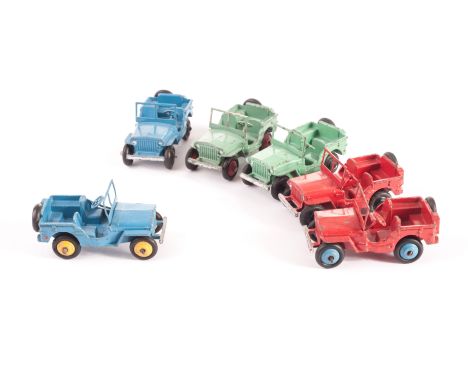 Dinky Toys 25j Jeep, six examples, red body, blue hubs, red body, black hubs, light green body, red hubs, light green body, b