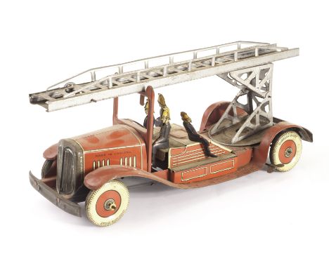 A Mettoy clockwork Tinplate Fire Engine, in red with silver Ladder and support and four Firemen, 1930s, F, some mild corrosio