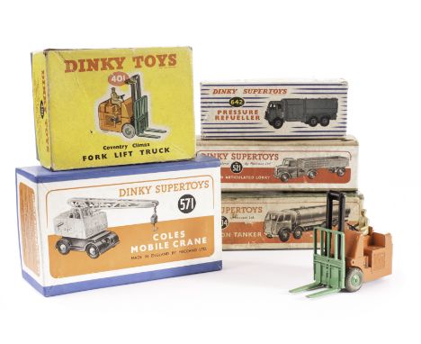 Dinky Toy Commercials, 571 Coles Mobile Crane, 401 Fork Lift Truck, 521 Bedford Articulated Lorry, 642 Pressure Refueller, 50
