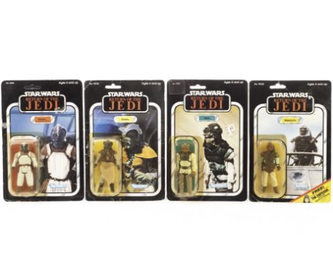 Vintage Kenner Star Wars ROTJ Skiff Guard 3 3/4” Figures, 77 back Nikto, punched, 65 back Weequay, punched, 77 back Klaatu (I