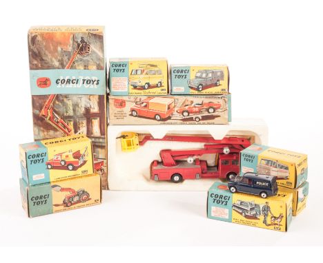 A Corgi Toys 463 Commer Ambulance, 53 Massey-Ferguson Tractor, 416S RAC Radio Rescue Land Rover, 417S Land Rover Breakdown Tr