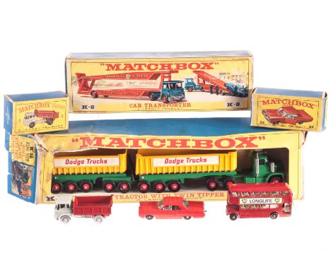 A Matchbox 1-75 Series No.3 Bedford Tipper Truck, grey cab, red back, GPW, K-8 Car Transporter, turquoise/orange, K-16 Dodge 