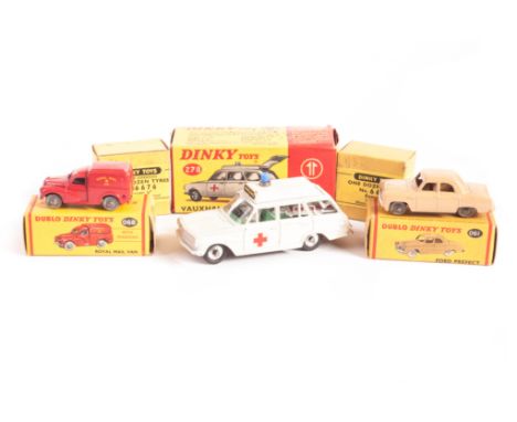 Dublo Dinky Toys 061 Ford Prefect, 068 Royal Mail Van, VG-E, 278 Vauxhall Ambulance, G-VG, 6677, 6676 One Dozen Tyres, unopen