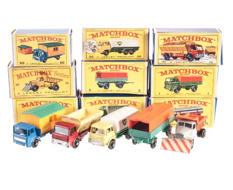 Matchbox 1-75 Series, including 10 Pipe Truck, 7 Refuse Truck, 70 Grit Spreader, 25 BP Tanker, 35 Snow Trac, 15 Refuse Truck,