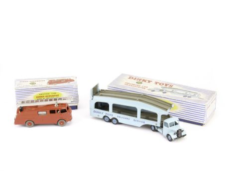 Dinky Toys Commercials: 582 Pullmore Car Transporter in light blue with grey decks and mid blue hubs and 955 Fire Engine with