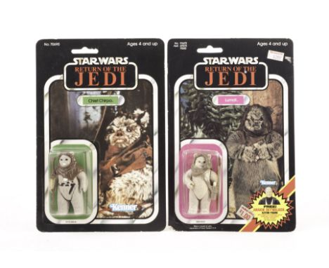 Vintage Kenner Star Wars ROTJ Lumat 3 3/4” Figure, 79 back punched card, Chief Chirpa, 77 back (MIM) punched card, contained 