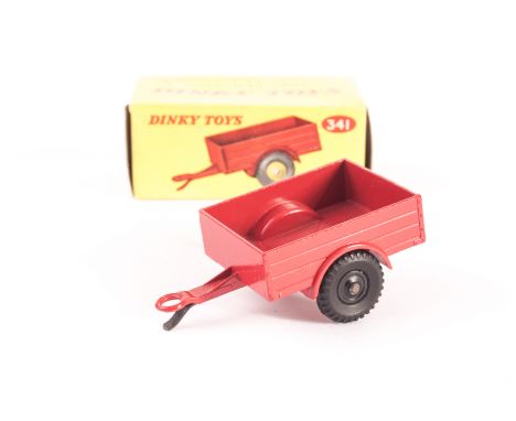 A Dinky Toys 341 Land Rover Trailer, red body, black plastic hubs, no hook, no T, in original light yellow box, E, box VG, mi