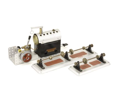 A late-version Meccano Live Steam engine with Wilesco accessories: engine probably re-finished with silver baseplate and boil