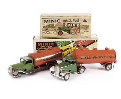 Tri-ang Minic Tinplate Tankers and Roller: Shell BP Mechanical Horse Tanker and Steam Roller with wooden wheels, in original 