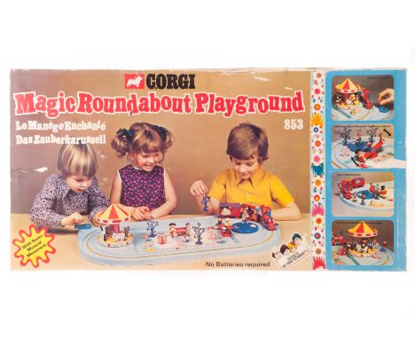 A Corgi Magic Roundabout Playground, comprising base with Train, Roundabout, Figures, Trees and bushes, in original box, VG, 
