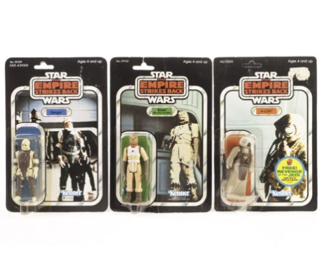 Vintage Kenner Star Wars ESB Bounty Hunter 3 3/4” Figures, 48 back 4-Lom, punched card (tab in place), 32 back Bossk, punched