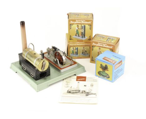 A Fleischmann 125/2 Stationary steam engine and accessories by Arnold and Wilesco: comprising horizontal mill-type engine wit