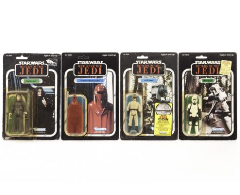 Vintage Kenner Star Wars ROTJ Biker Scout 3 3/4” Figure, 77 back punched card, AT-ST Driver, 77 back punched card, The Empero