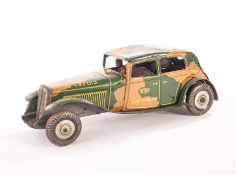 A Mettoy large scale tinplate clockwork Army Staff Car, with driver, in camouflage green and brown, No 14 on drivers door and