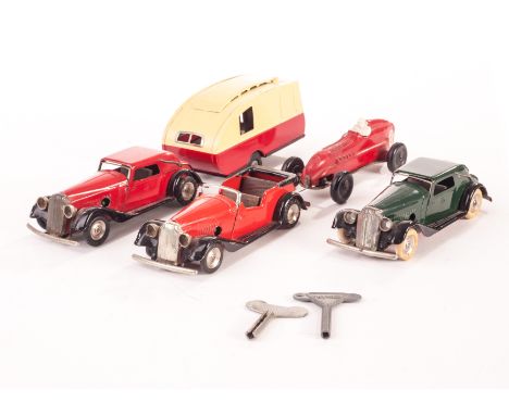 Tri-ang Minic Clockwork Cars and Penguin Racer: Minic Vauxhall Cabriolet in dark green (1) and red (1), Vauxhall Tourer in re