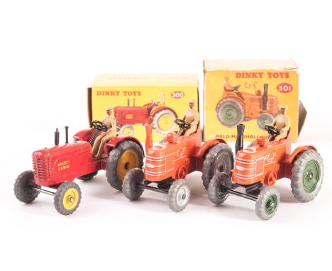 A Dinky Toys 300 Massey-Harris Tractor, red body, cast wheels, yellow centres, tan driver, 301 Field Marshall Tractor, orange