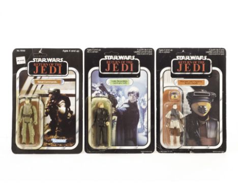 Vintage Palitoy Star Wars ROTJ Luke Skywalker (Jedi Knight) 3 3/4” Figure, 65 back unpunched card, Palitoy Princess Leia Orga