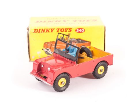 A Dinky Toys 340 Land Rover, red body, yellow interior, yellow plastic hubs, in original light yellow box, clear spot, E, a f