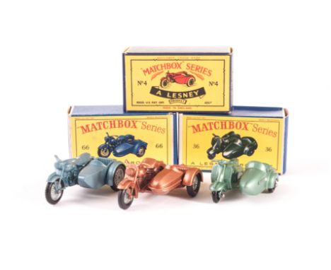 Matchbox 1-75 Series Motorcycles, 4 Triumph 110 & Sidecar, 66 Harley-Davidson Motor-Cycle & Sidecar, 36 Lambretta Motor Scoot